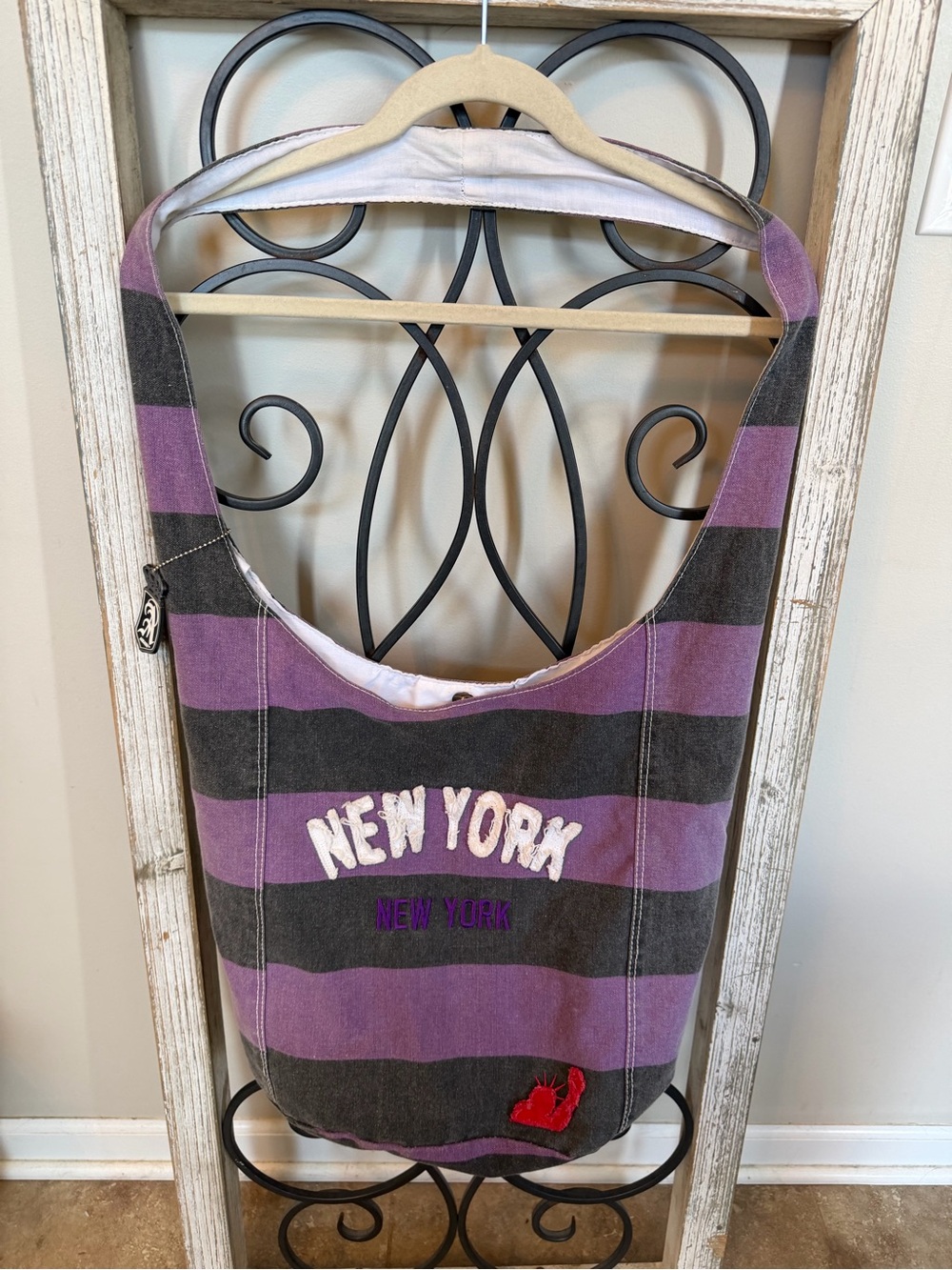 Striped Canvas Tote Bag‎ - Purple & Gray with New York Embroidery